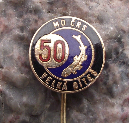 Vintage Velka Bites Czechoslovakia Fishing Association 50th Anniversary Pin Badge