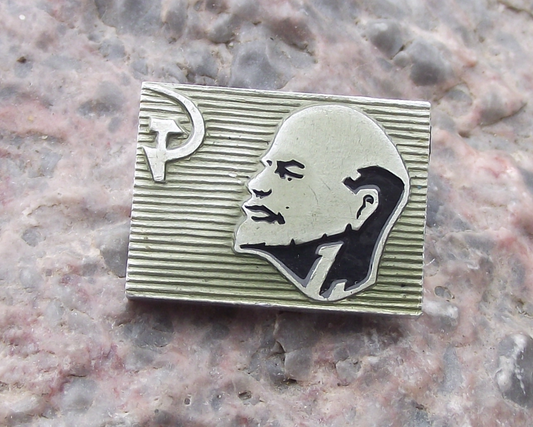 Vintage Vladimir Lenin Communist Leader on Hammer Sickle Flag Pin Badge