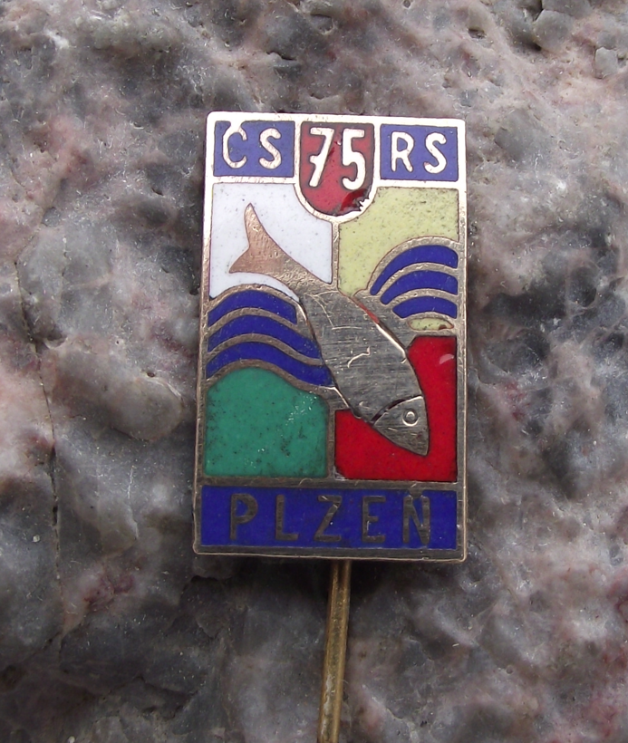 1965 Plzen Czechoslovakia Fishing Association 75th Anniversary Angling Pin Badge