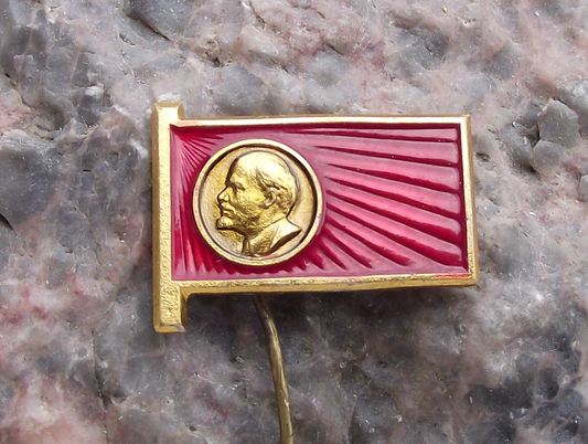 Vladimir Lenin Head Profile Communist Leader on Red Flag Pin Badge