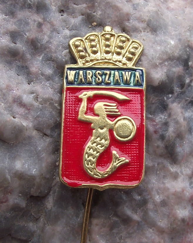 Vintage Polish Coat of Arms Crowned Mermaid Warsaw Syrenka Pin Badge