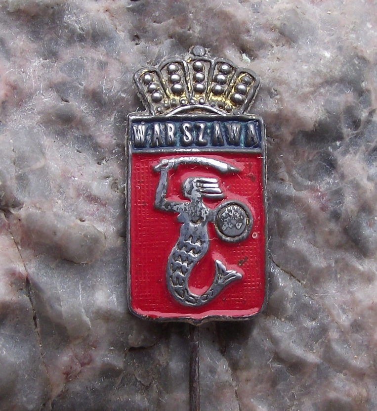 Vintage Polish Coat of Arms Crowned Mermaid Warsaw Syrenka Pin Badge