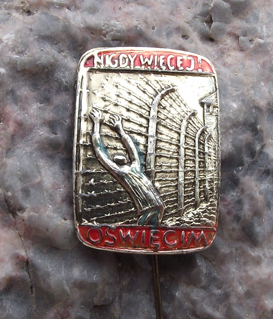 Vintage Auschwitz Birkenau Concentration Camp Never Again Slogan Pin Badge