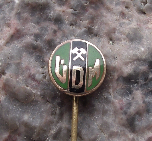 Vintage UDM Crossed Hammers Logo Mining Miners Company Pin Badge