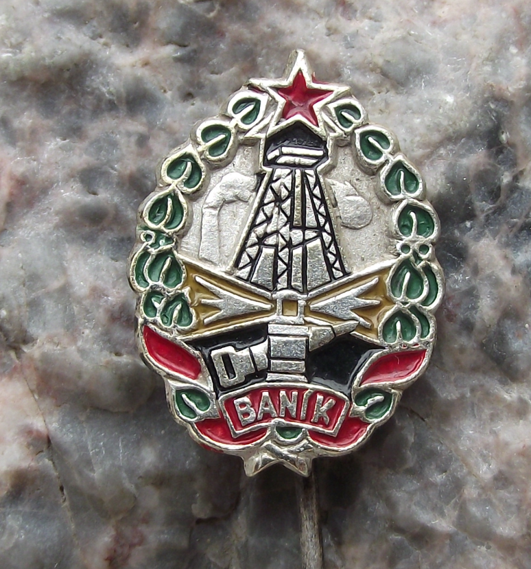 Vintage Banik Miners Mining Hand Drill and Lantern Pin Badge