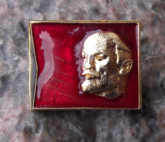 Vintage Vladimir Lenin Head on Red Soviet Flag Communist Leader Pin Badge