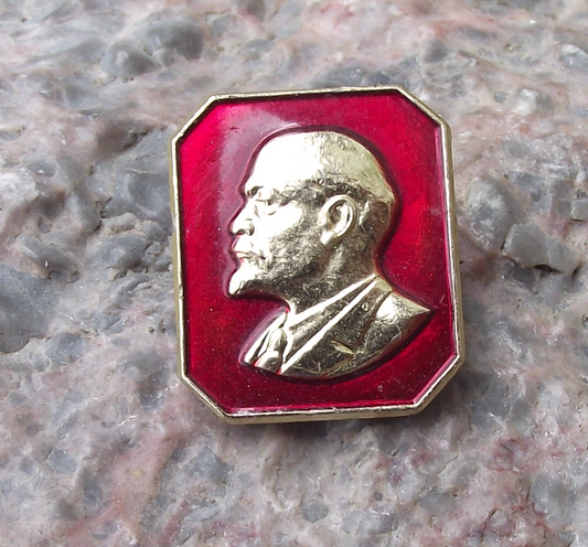 Vintage Later VI Lenin 3D Raised Relief Golden Head Enamel Square Pin Badge