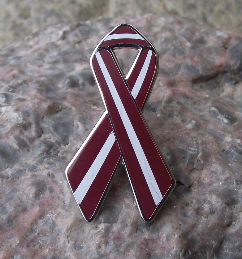 Latvia Latvian National Colours Flag Curled Ribbon Shape Pin Badge