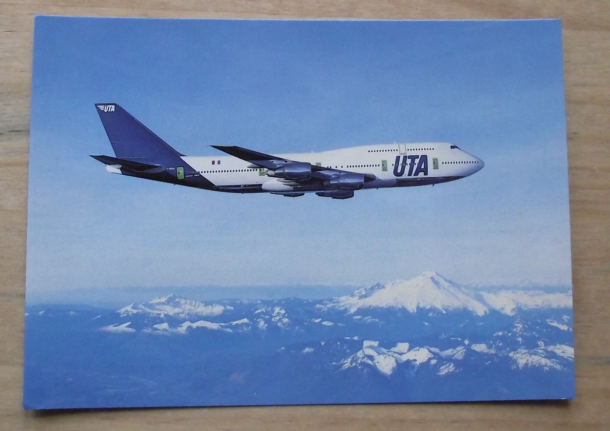 Vintage UTA Boeing 747 - 300 Airliner over Mountains Aircraft Postcard