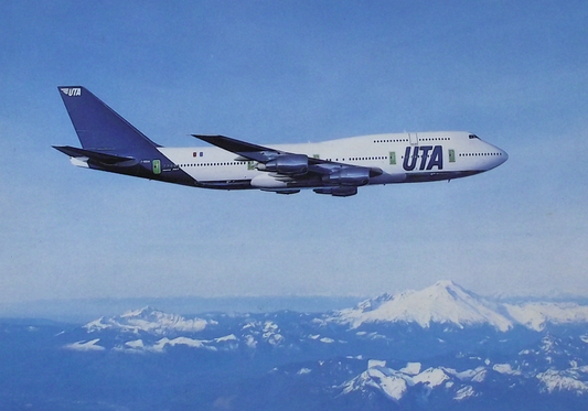 Vintage UTA Boeing 747 - 300 Airliner over Mountains Aircraft Postcard