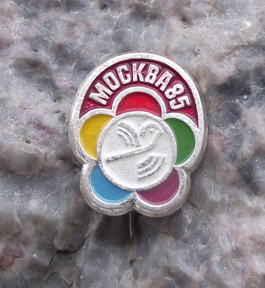 1985 Small WFDY World Youth Festival Moscow Dove Flower Pin Badge