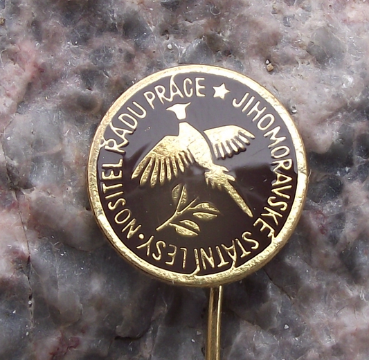 Vintage Czech Forestry Pheasant Hunter Moravian Good Worker Award Pin Badge