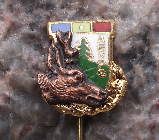 Vintage AGVPS Romania Hunting Association Stag Roe Deer Members Pin Badge