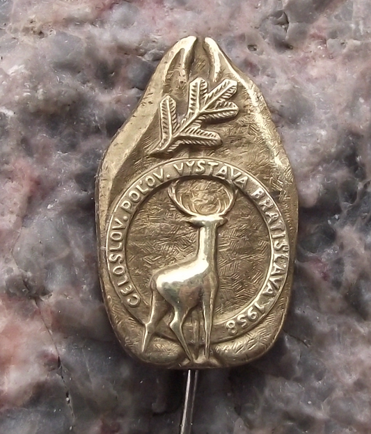 1958 Slovakia All State Hunting Exhibition Bratislava Deer Stag Pin Badge