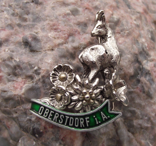 Vintage Germany Oberstdorf Edelweiss Flower Chamois Deer Hunters Pin Badge