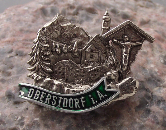 Vintage Germany Oberstdorf Mountain Village Jesus Christ Hunters Pin Badge