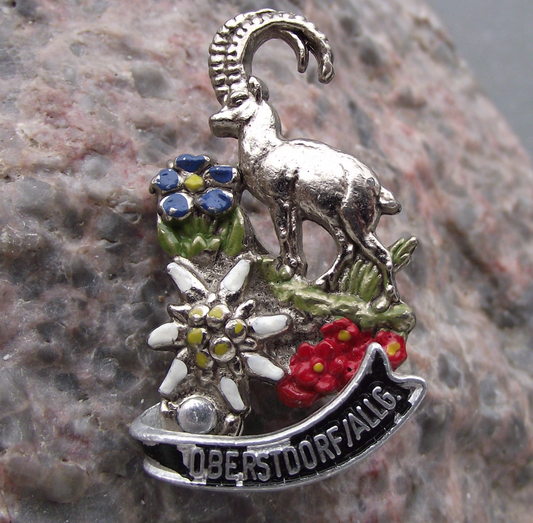 Vintage Germany Oberstdorf Edelweiss Flowers Ibex Deer Hunting Pin Badge