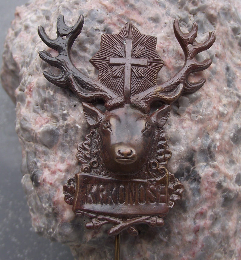 Vintage Krkonose Hunting St Hubert Holy Cross Stag Head Hunters Pin Badge