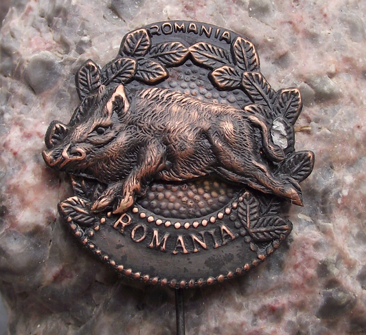 Vintage Romania Tusked Wild Boar Pig Hunters Hunting Pin Badge