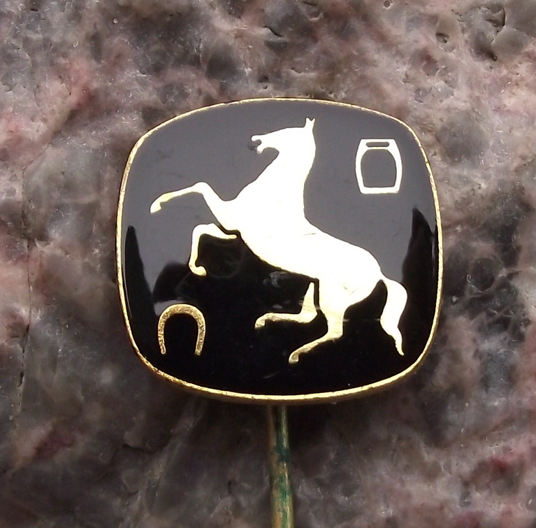 Vintage Horseshoe and Stirrup Rearing Horse Logo Pin Badge