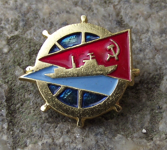 Vintage Ship Wheel and Soviet Warship Red Flag Pin Badge