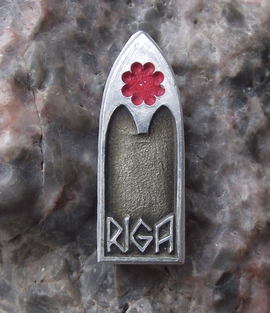 Vintage Latvia Latvija Riga Church Lancet Window Red Flower Pin Badge