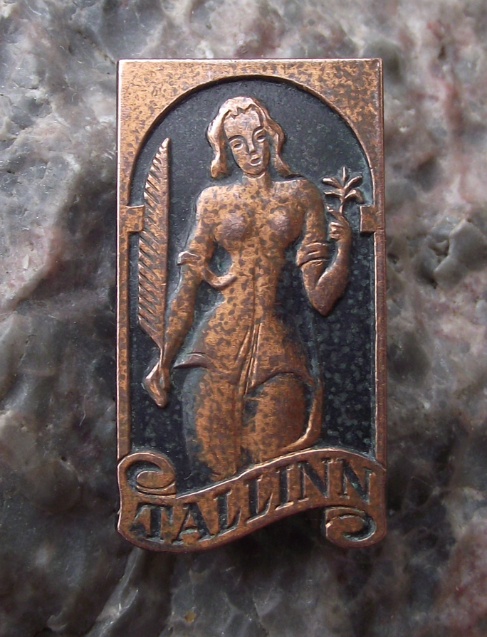 Vintage Estonia Tallinn Beautiful Woman Holding Palm and Plant Pin Badge