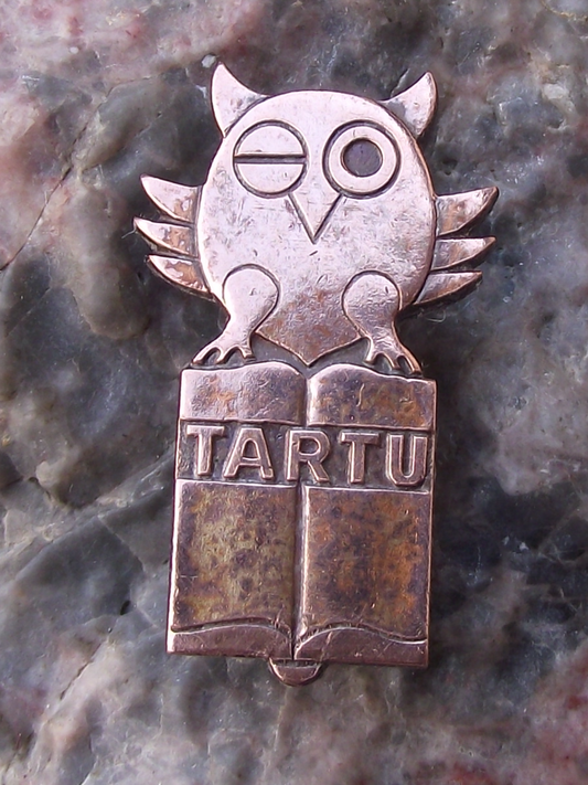 Vintage Tartu Estonia Owl over Open Book Pin Badge