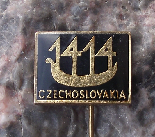 Vintage Czechoslovakia Bohemian Glass Company 1414 Ship Motif Pin Badge