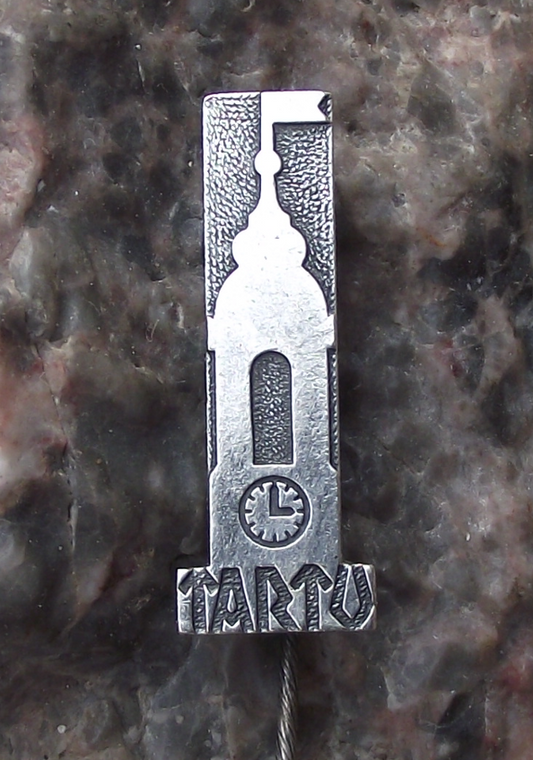 Vintage Tartu Estonia Church Clock Tower and Flag Pin Badge