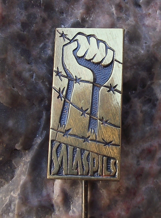 Vintage Latvia Salaspils World War 2 Work Camp Barbed Wire and Fist Pin Badge