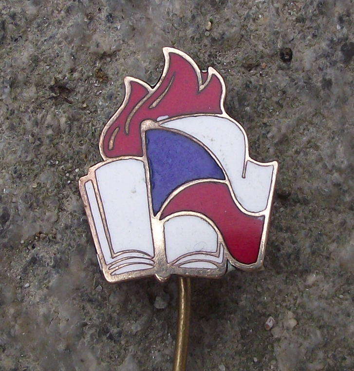 Vintage Czechoslovakia Pioneer Youth Group Logo Flag Book Flames Pin Badge