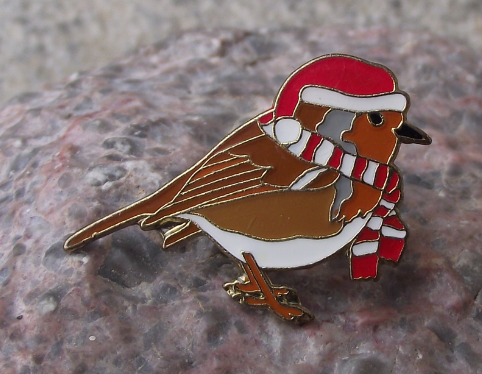 European Robin Garden Bird in Full Christmas Costume Scarf Hat Pin Badge - Badgecrazy