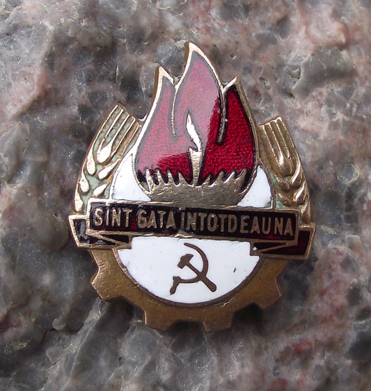 Vintage Romania Pioneer Youth Scouting Always Ready Slogan Flames Pin Badge
