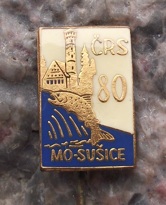 Vintage Susice Czechoslovakia Fishing Association 80th Anniversary Pin Badge
