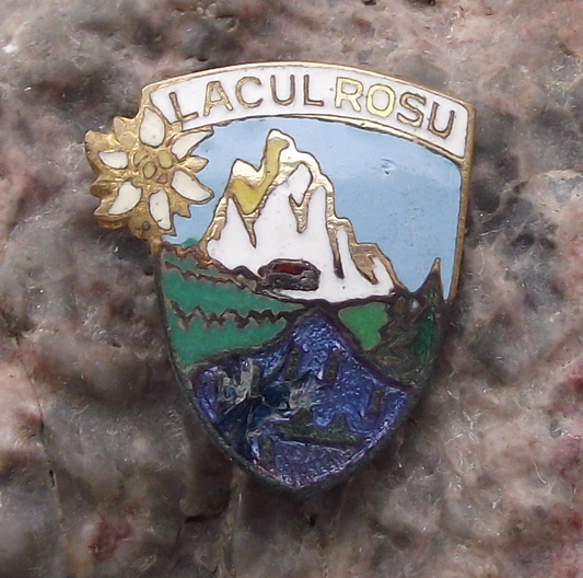 Vintage Lacul Rosu Lake and Mountain Peaks Edelweiss Romania Pin Badge