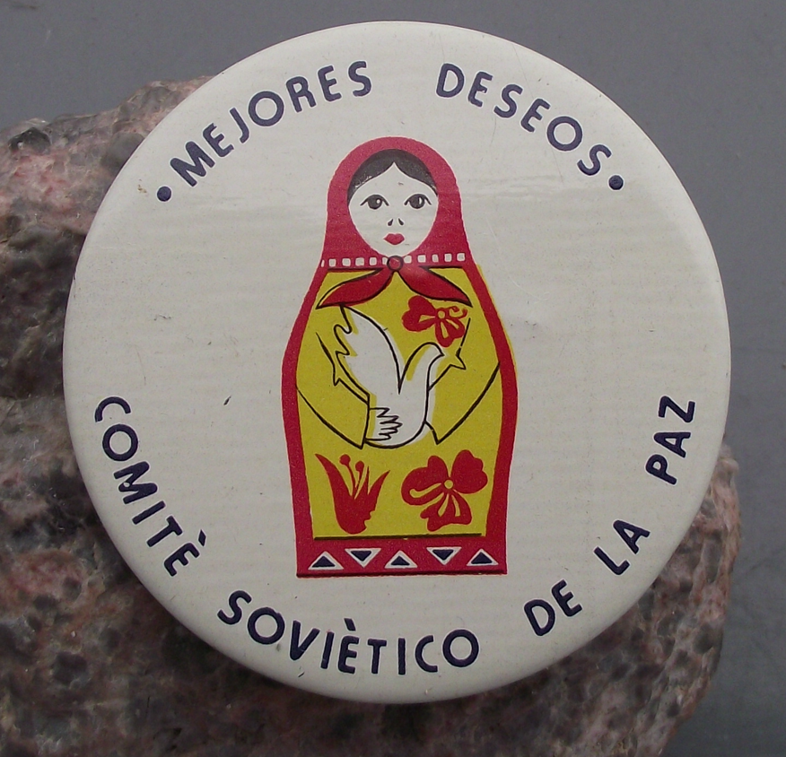 Vintage Soviet Peace Committee Best Wishes Matryoshka Doll Dove Pin Badge