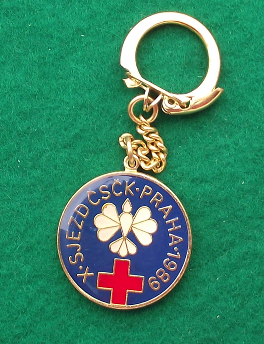1989 Czechoslovakia Red Cross 10th X Meeting White Dove Keychain Keyring
