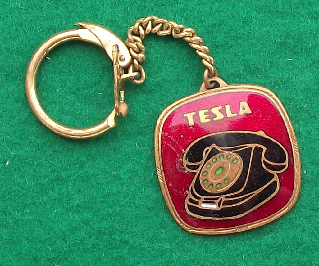 Rare Vintage Bakelite Telephone Tesla Electronics Logo Key Ring Key Chain