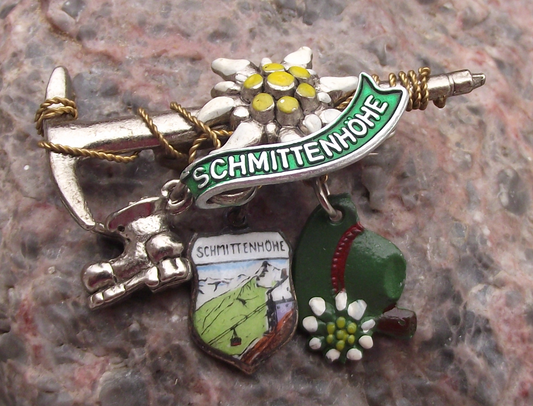 Vintage Austria Smittenhohe Mountain Axe Edelweiss Boot and Hat Pin Badge