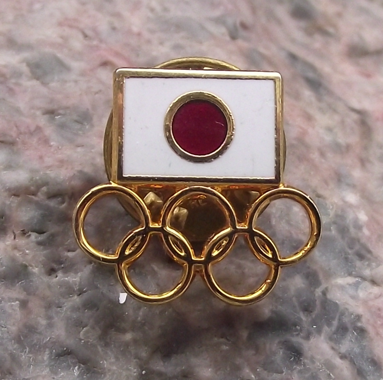 Vintage Japan Japanese Olympic Committee Rising Sun Logo Rings Pin Badge
