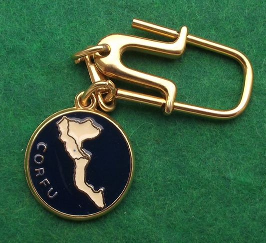 Vintage Corfu Island Map Outline Roman God Key Chain Keyring