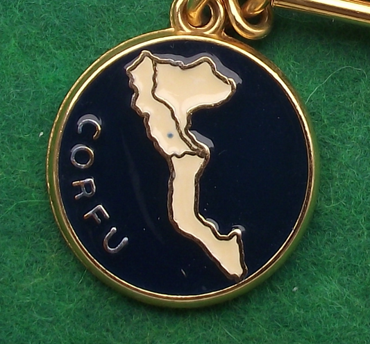 Vintage Corfu Island Map Outline Roman God Key Chain Keyring
