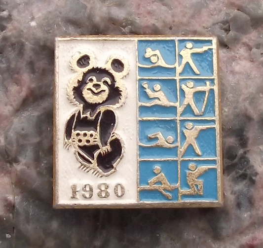 1980 Moscow Russia Olympic Games Misha Mascot Shooting Archery Rowing Pin Badge