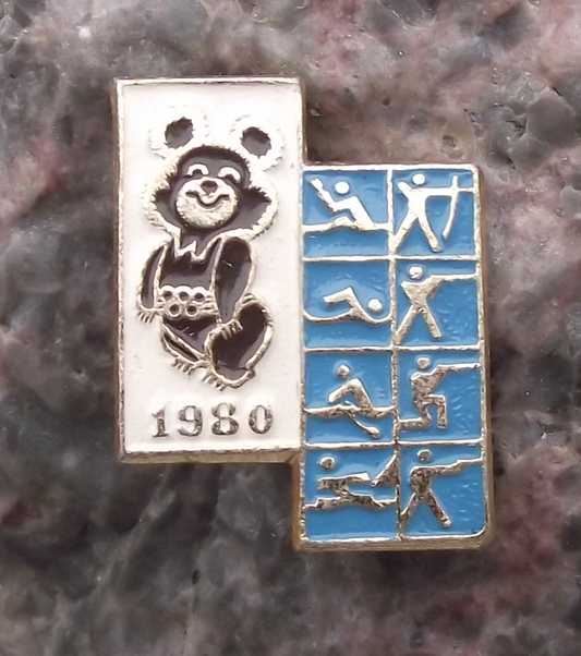 1980 Moscow Russia Olympic Games Misha Mascot Shooting Watersports Pin Badge