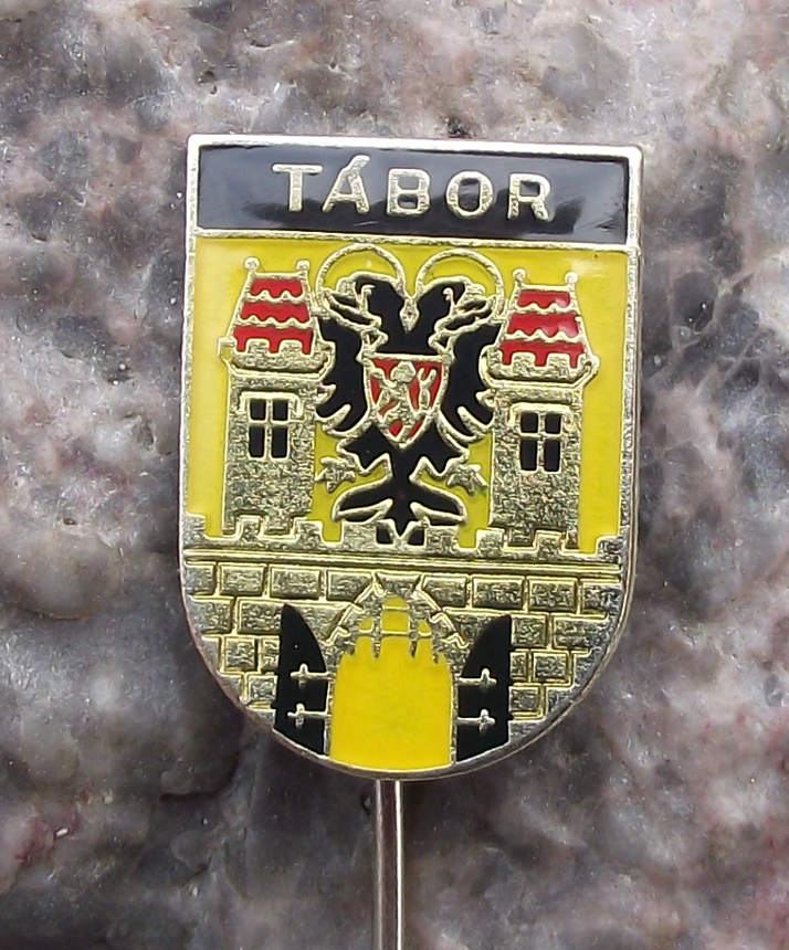 Vintage Tabor Double Headed Black Eagle Castle Gates Heraldic Crest Pin Badge