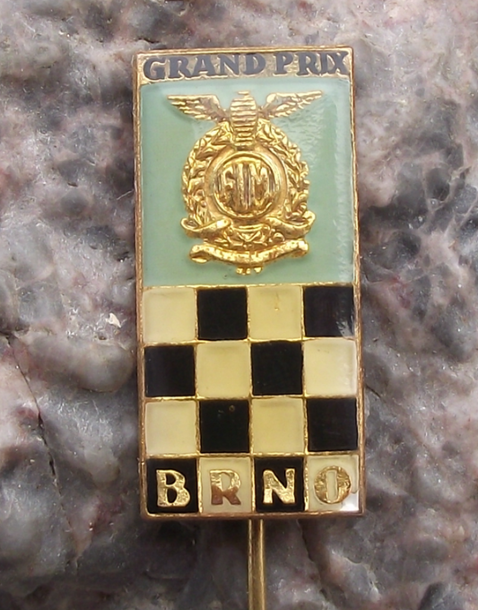 Vintage FIM Logo Grand Prix Brno Chequered Flag Motorbike Racing Pin Badge
