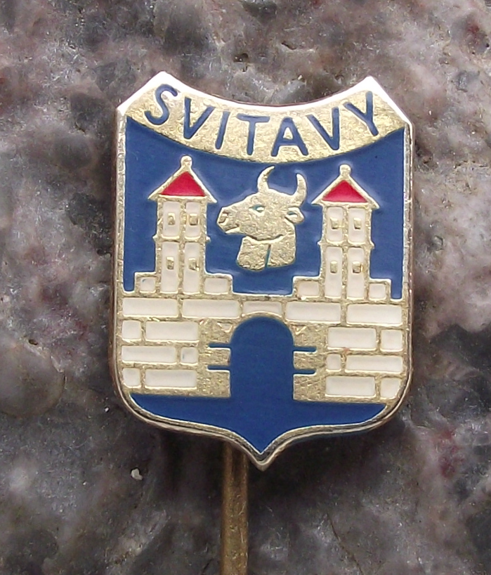 Vintage Svitavy Town Coat of Arms Bull Head Castle Wall Heraldry Pin Badge