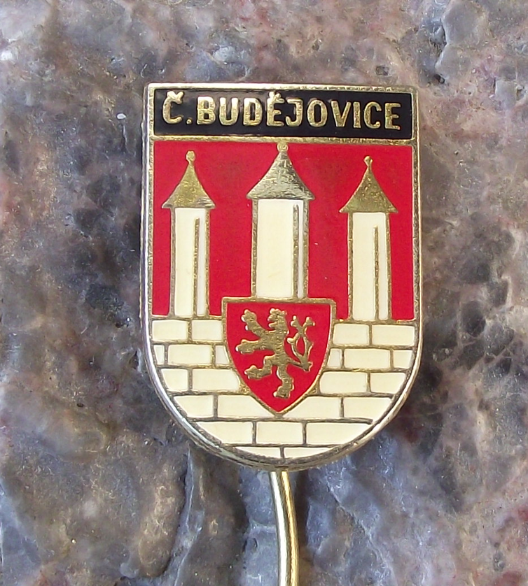 Vintage Ceske Budejovice Rampant Lion Castle Towers Coat of Arms Pin Badge