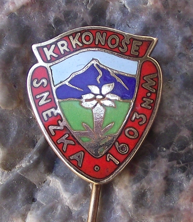 Vintage Sněžka Mountain Peak 1603m Krkonose Blue Flower Shield Pin Badge